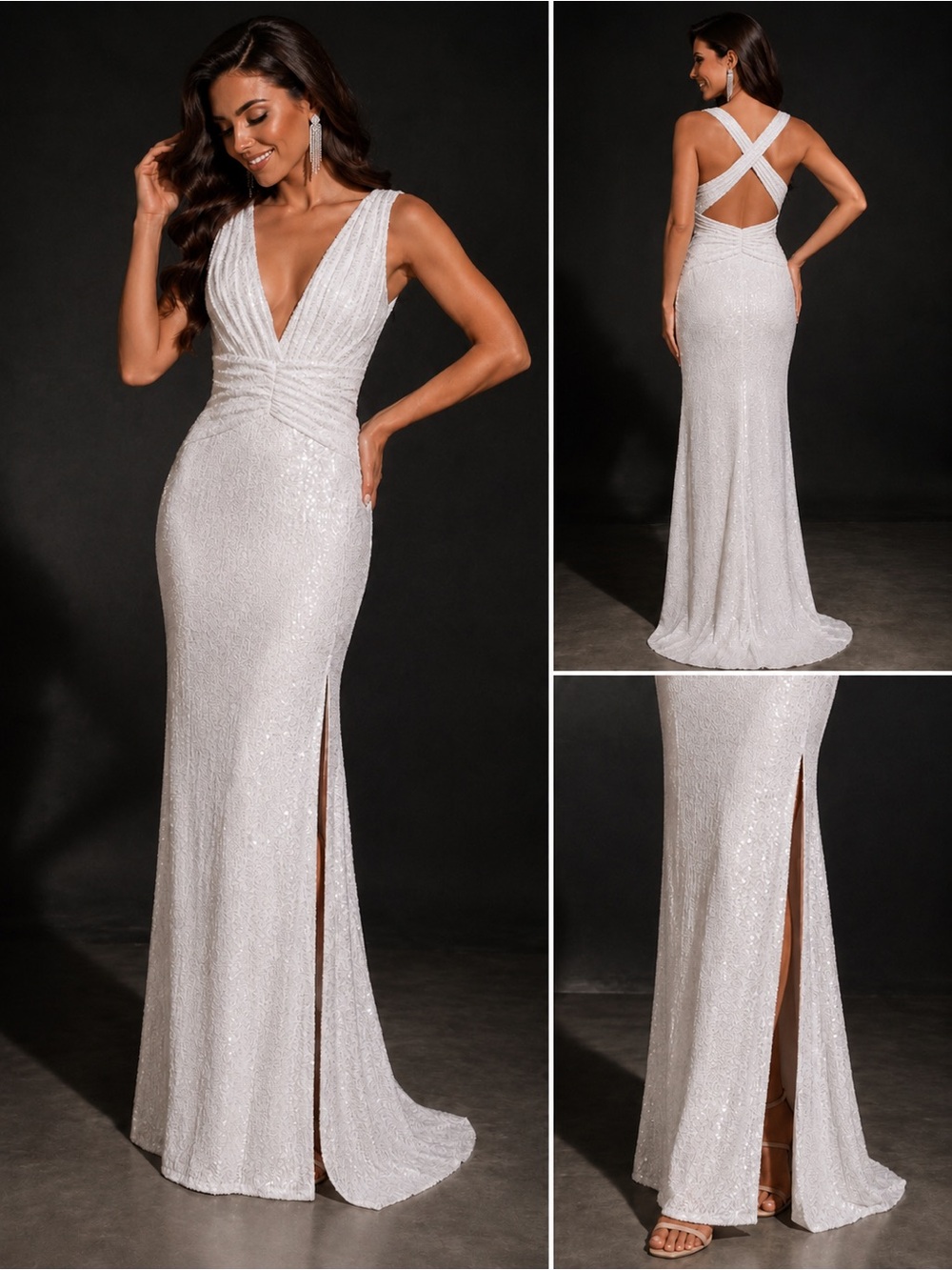 Elegant White Sequin V-Neck Evening Gown